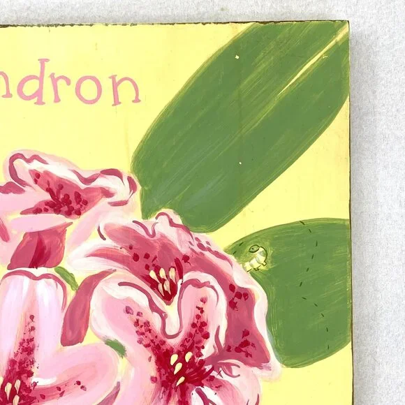Pottery Barn Kids Rhododendron Painted Wood Wall Art Plaque 14 x 18 Pink Yellow - Picture 7 of 7